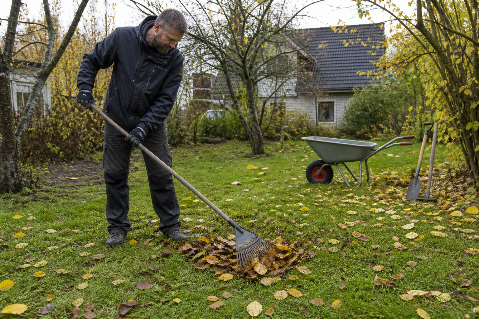 Autumn leaves being raked from a damp residential lawn