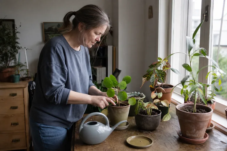 Plant owner checking the soil and leaves of houseplants by a window