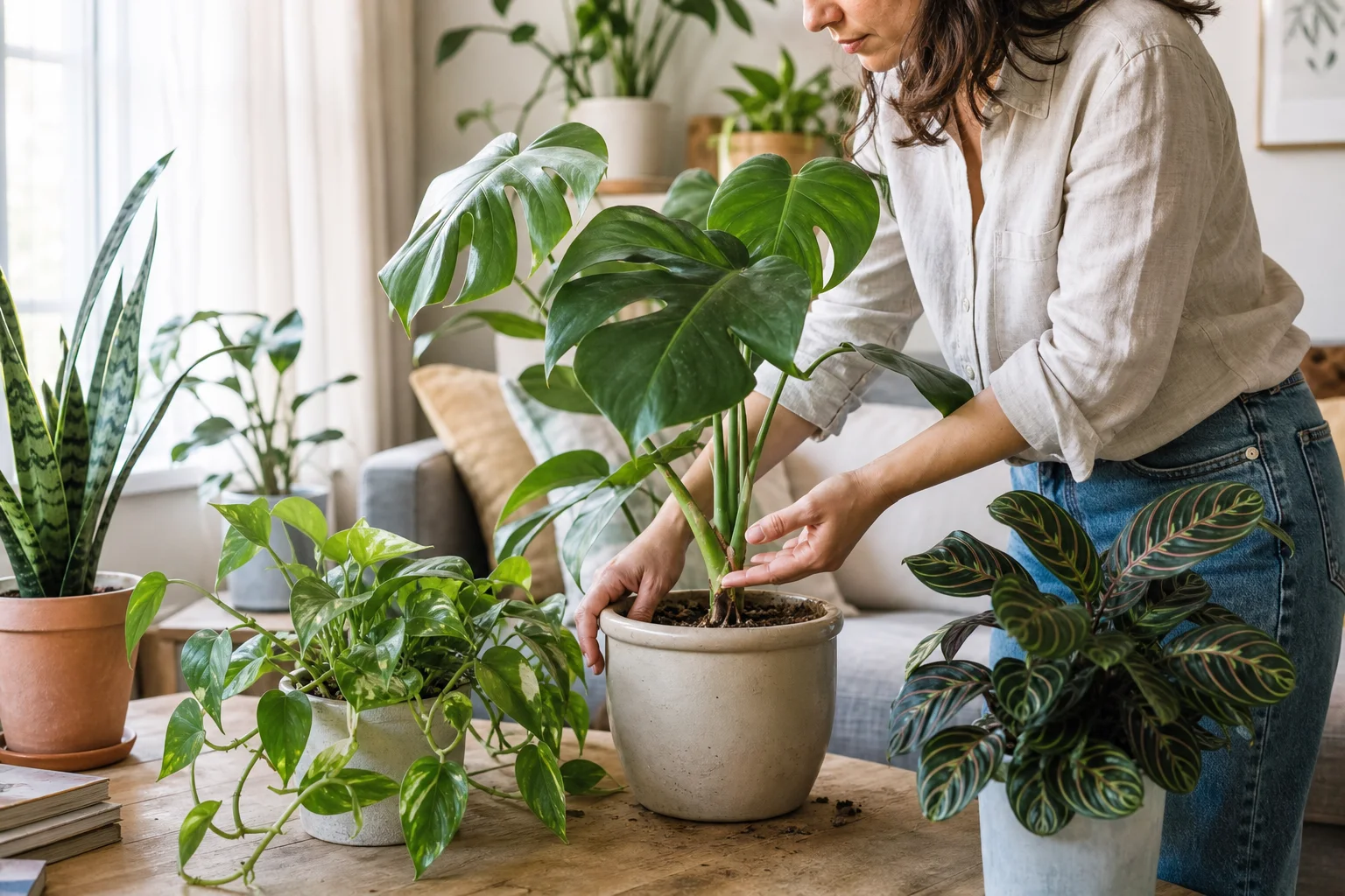 Plant owner checking a varied collection of healthy houseplants