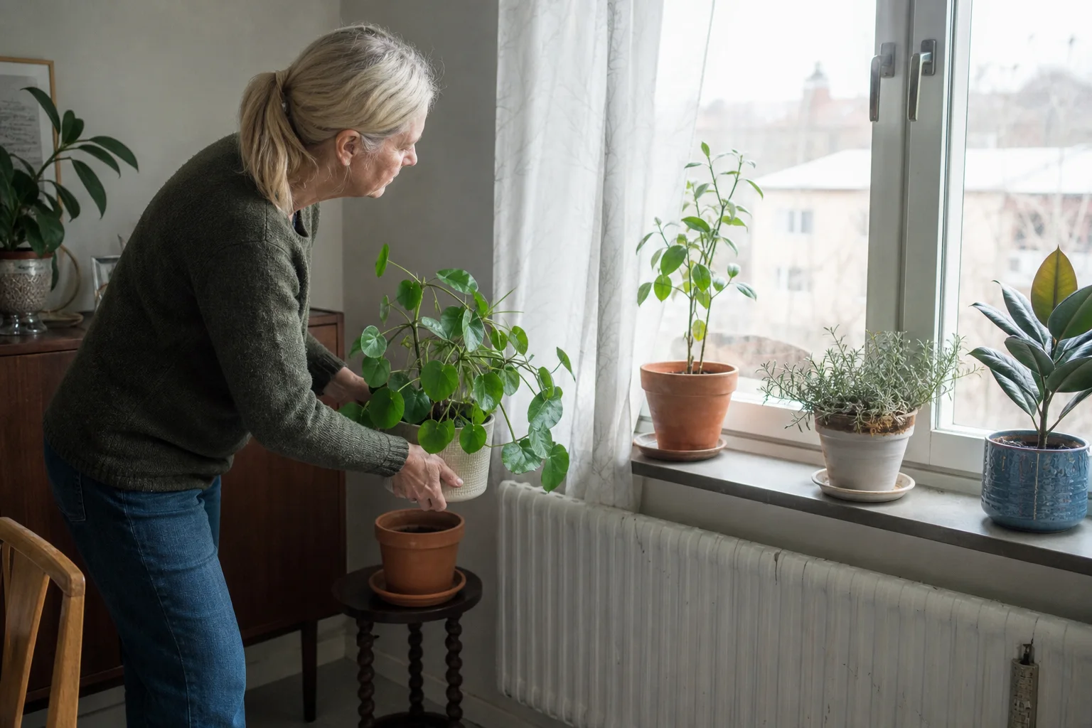 Plant owner moving a houseplant toward diffuse window light