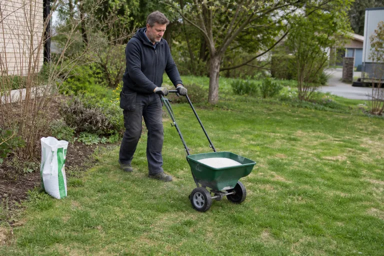 Homeowner applying measured garden lime with a wheeled spreader