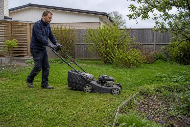 Homeowner mowing an ordinary residential lawn with a walk-behind mower