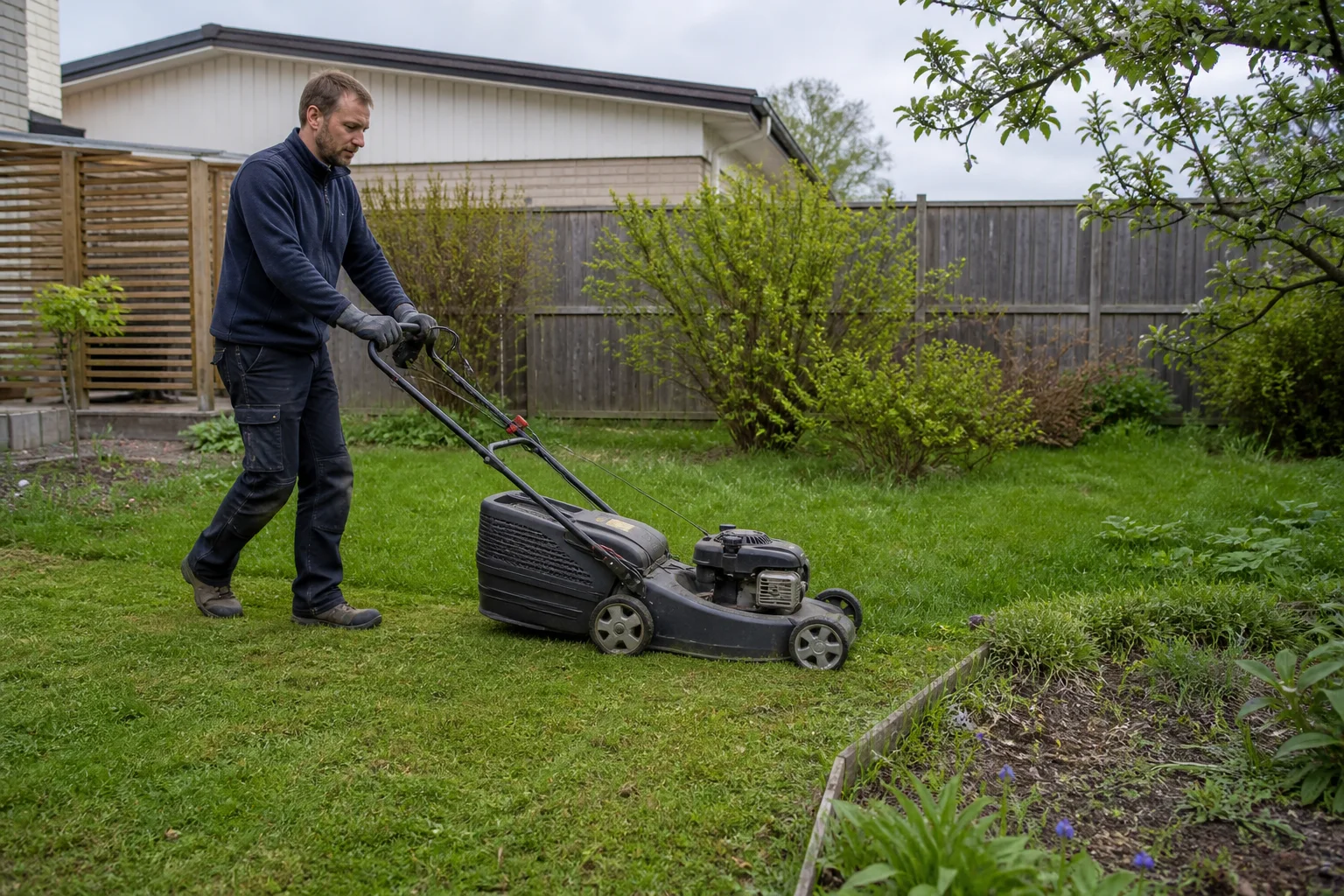Homeowner mowing an ordinary residential lawn