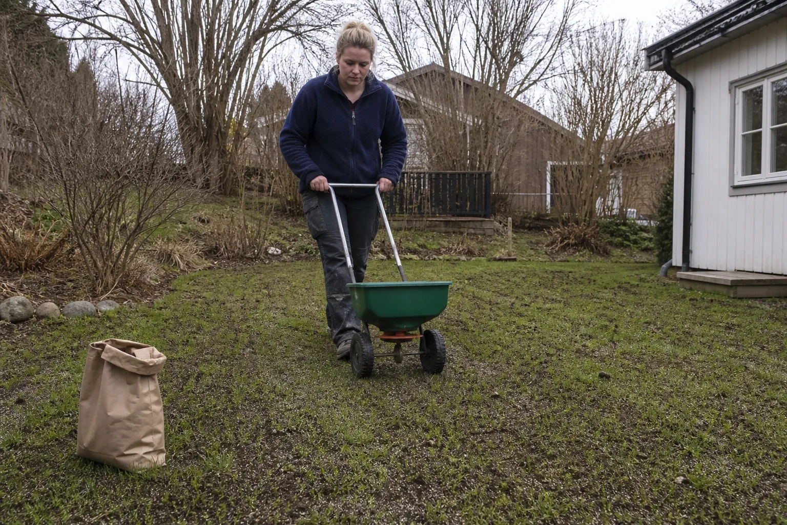Thin lawn being overseeded with a broadcast spreader