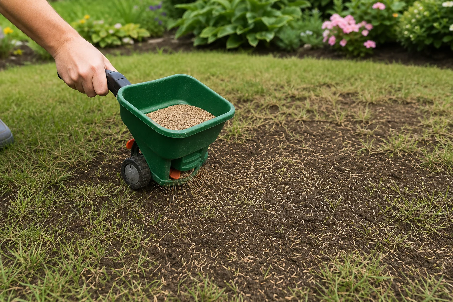 Grass seed being spread evenly over a prepared thin lawn