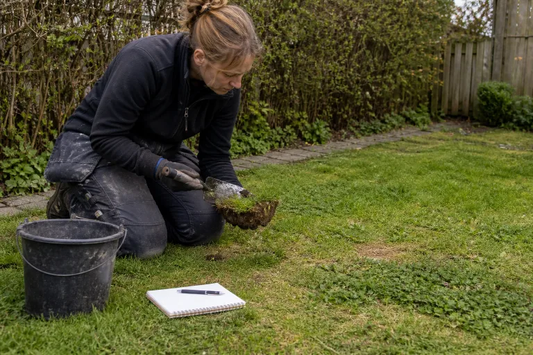 Plant owner examining a turf sample to assess lawn roots and soil
