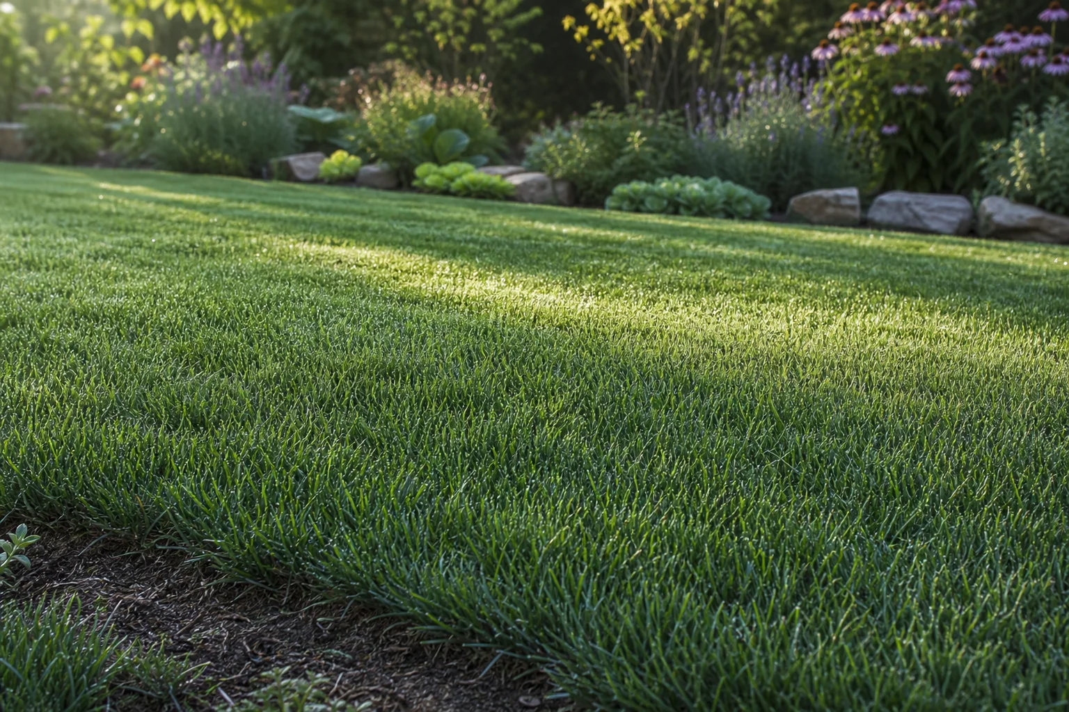 Dense healthy residential lawn in soft morning light