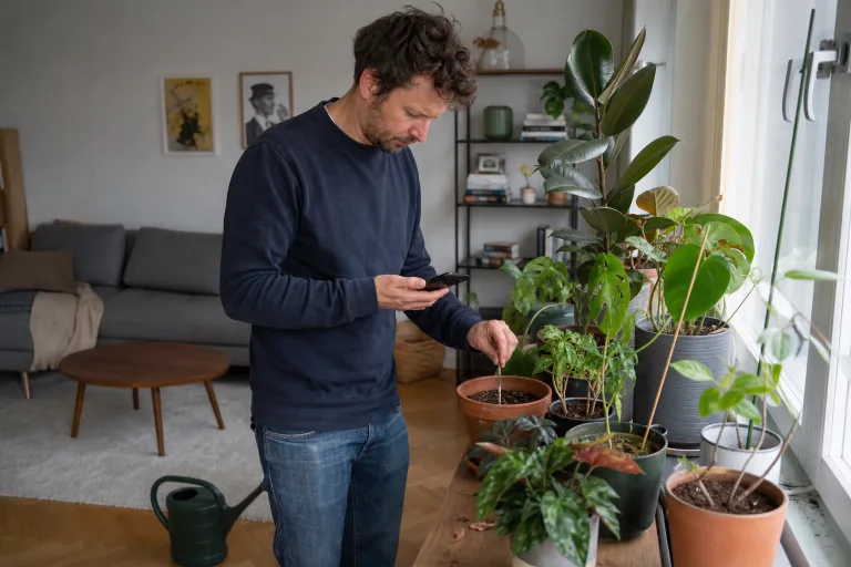 Plant owner checking soil moisture beside a phone and houseplant collection