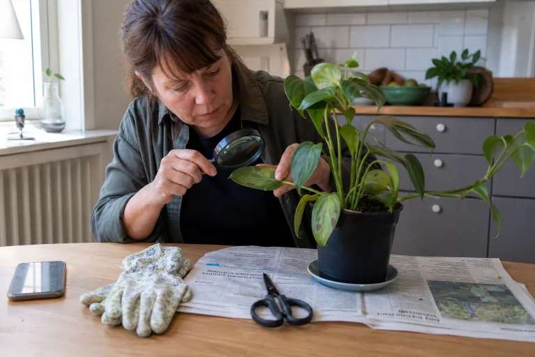 Plant owner examining brown leaf spots with a magnifying glass