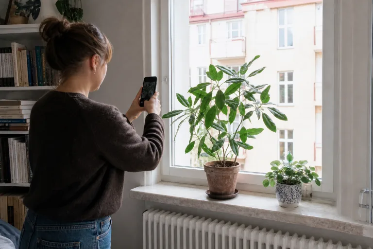 Plant owner photographing an unknown houseplant near a window