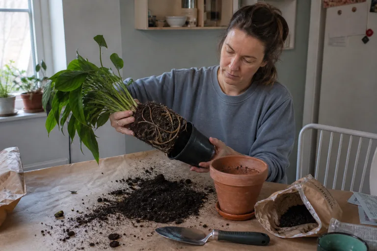 Plant owner repotting a root-bound houseplant at a kitchen table