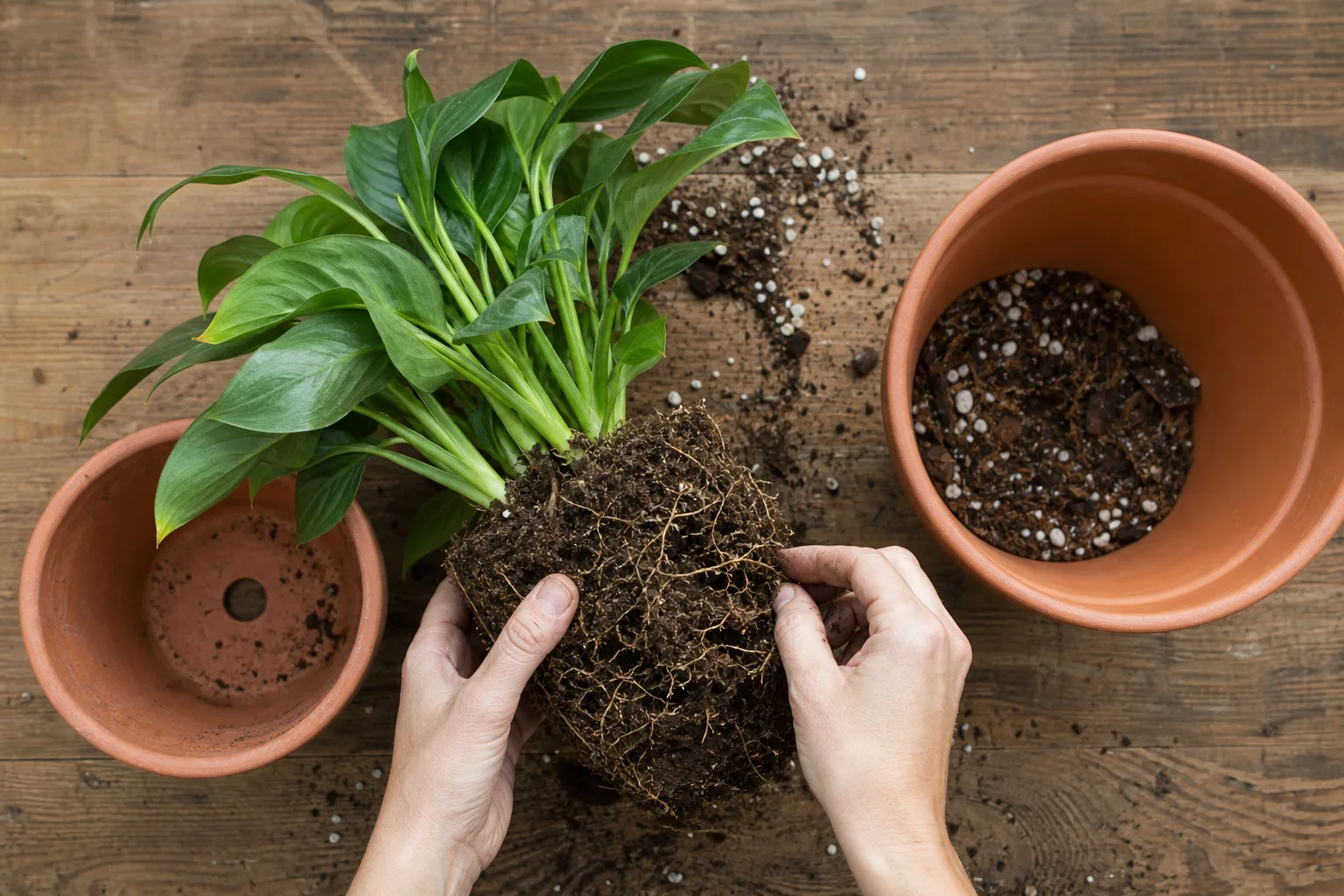 Top-down view of a healthy root ball beside a modestly larger pot