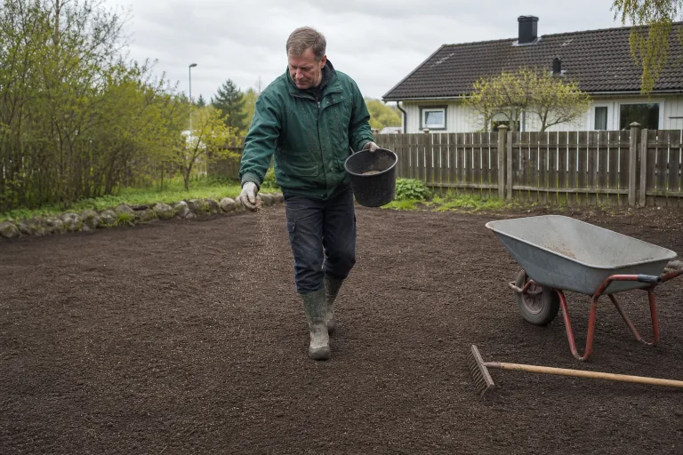 Homeowner scattering grass seed across a freshly prepared seedbed