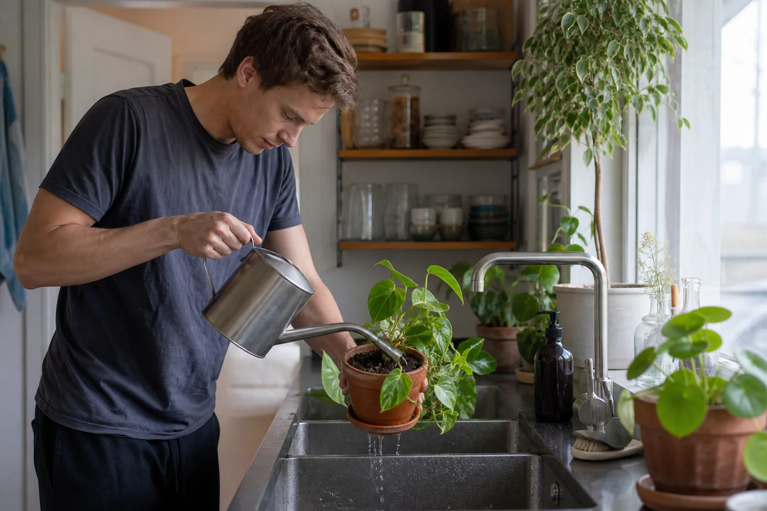 Plant owner watering a houseplant over a kitchen sink