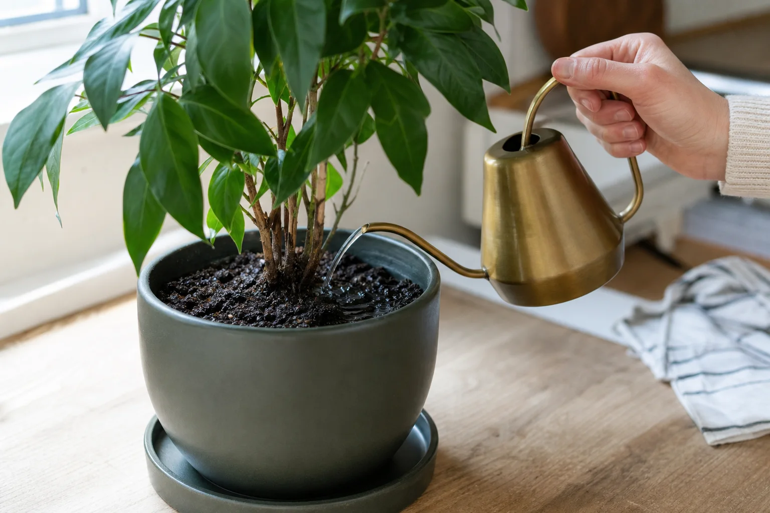Watering potting mix slowly with a narrow-spout watering can