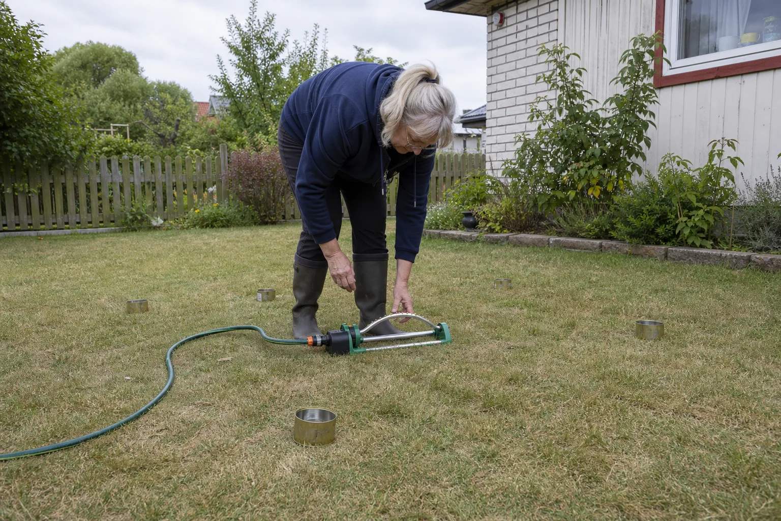 Sprinkler output being measured with catch cups