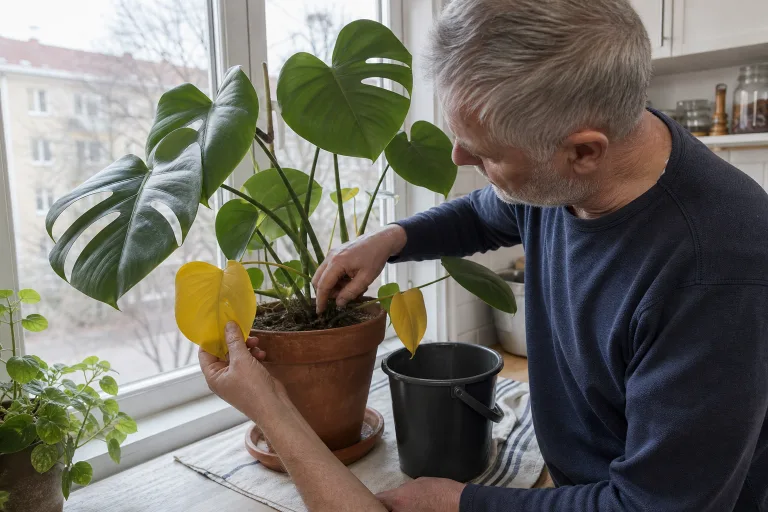 Plant owner checking yellow lower leaves and damp soil on a Monstera
