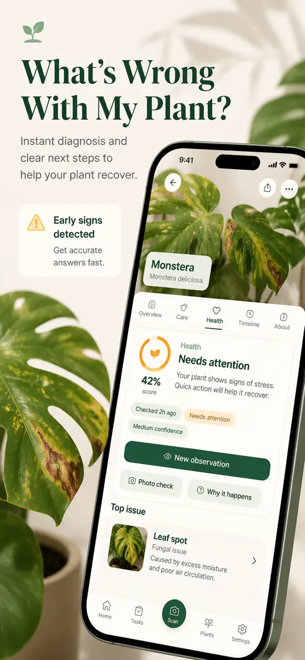 Hanami showing a plant health diagnosis and next care steps